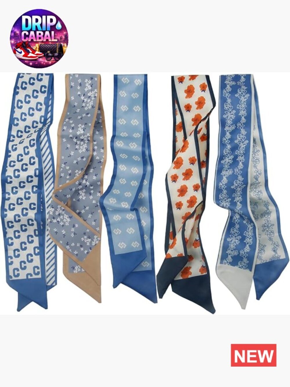 Purse Scarf Set - 5 Pack Satin Twill Scarves for Women - Lightweight Skinny